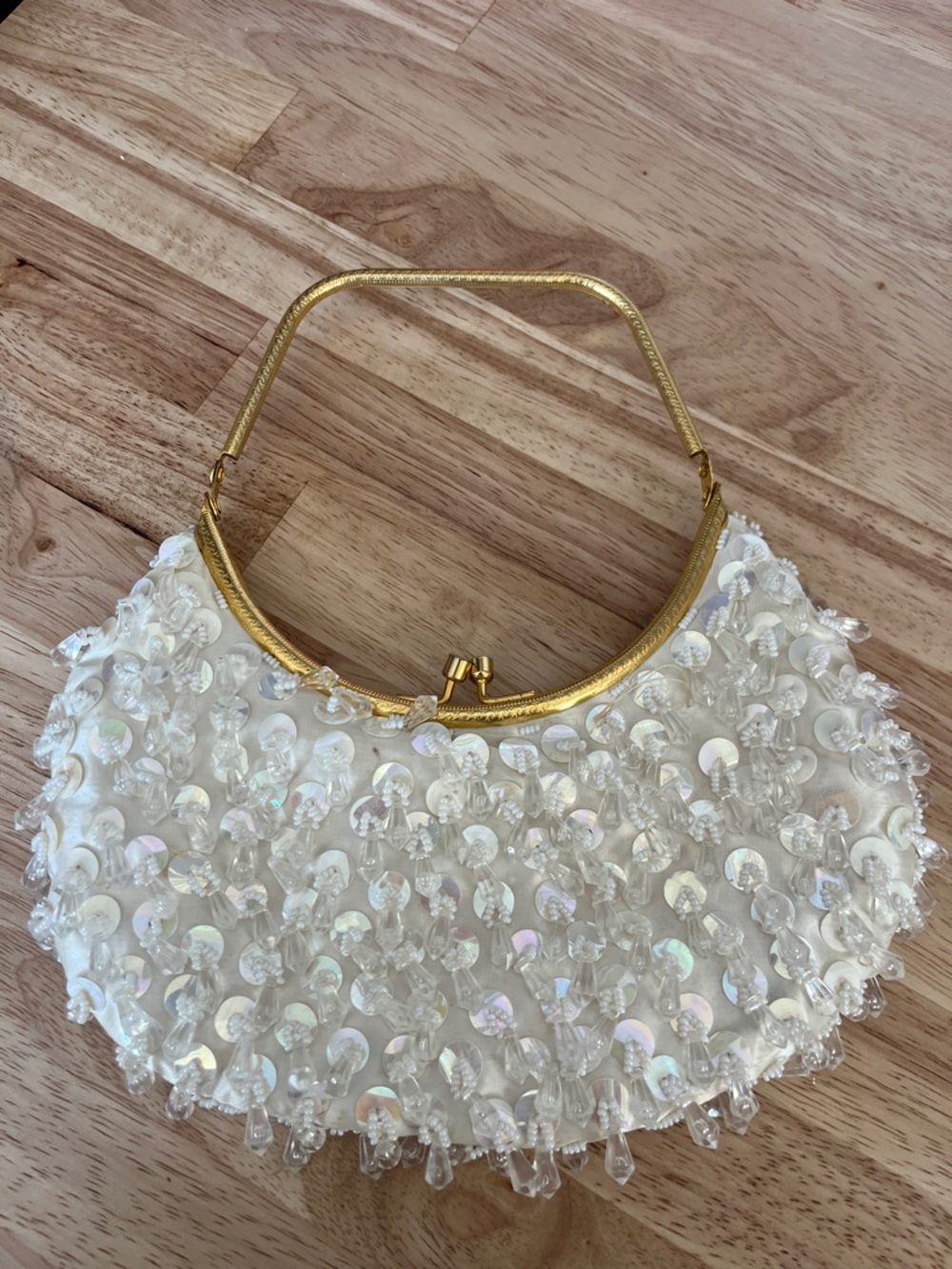 Vintage Safco Cream & Gold Beaded Evening Clutch Bag Kiss Lock-Hong Kong